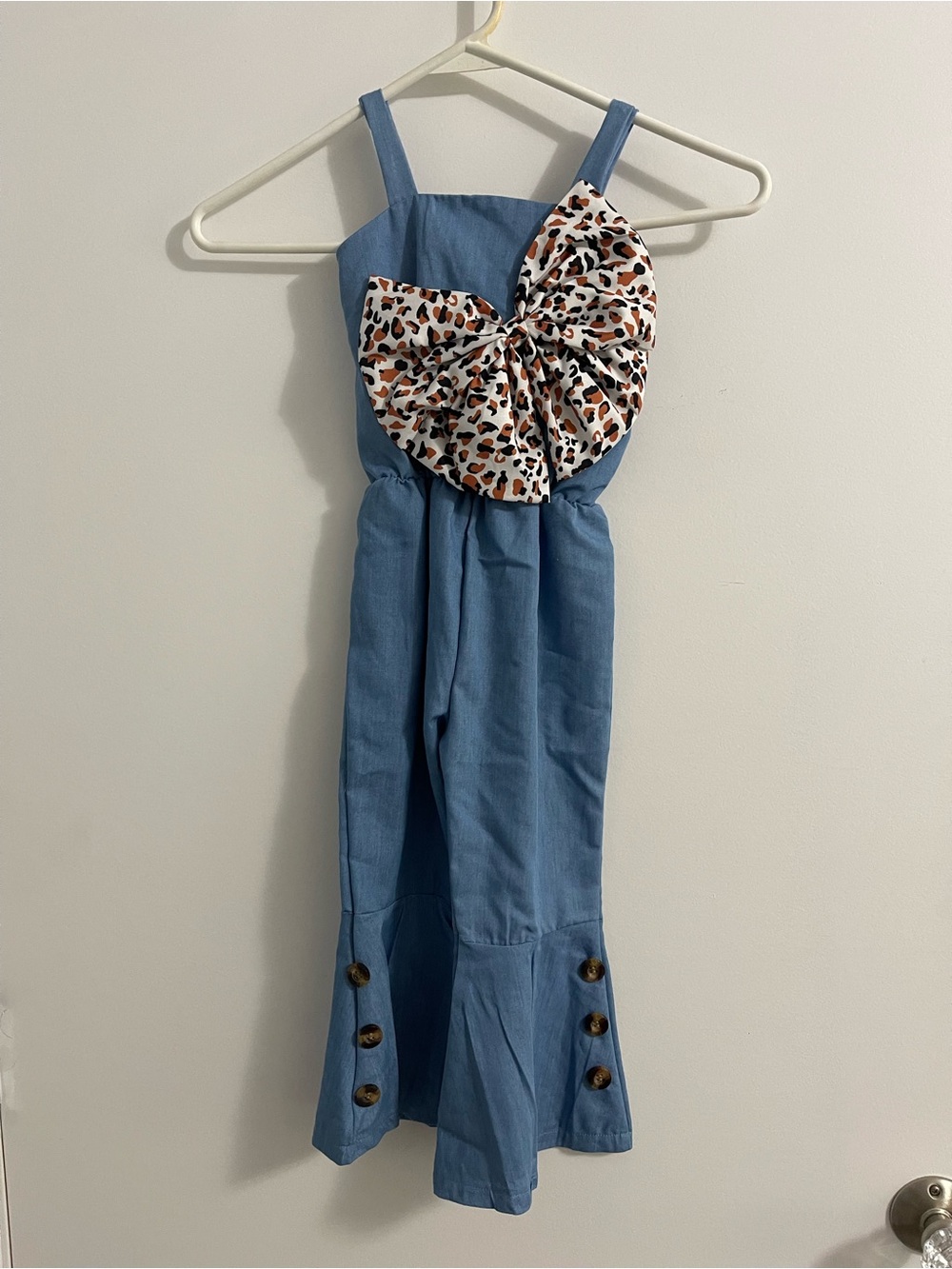 Blue Girls' Chambray Jumpsuit with Leopard Bow